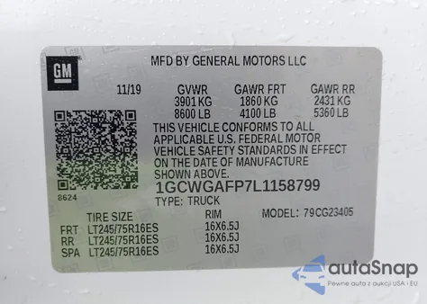 2020 Chevrolet Express Rwd 2500 Regular Wheelbase Wt z USA, uszkodzony, nr VIN 1GCWGAFP7L1158799